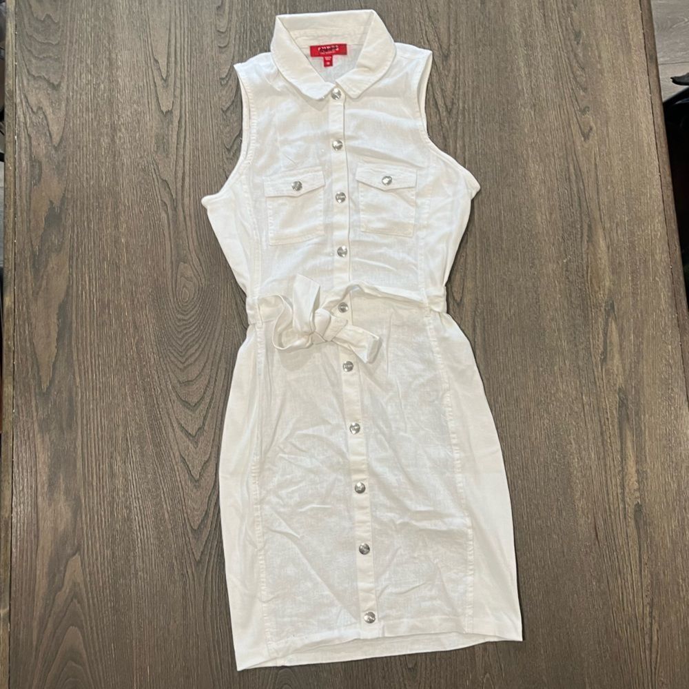 NWOT Guess Los Angeles Linen Blend White Collared Utility Tie Waist Dress Sz M